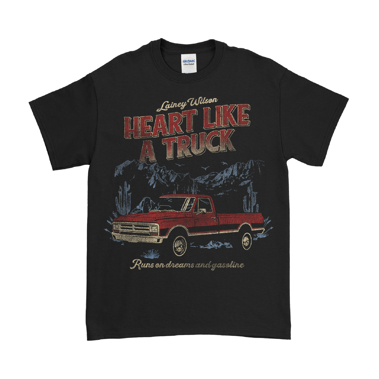 Black t-shirt featuring a vintage-style graphic of a red pickup truck and text reading ’Heart Like A Truck’.
