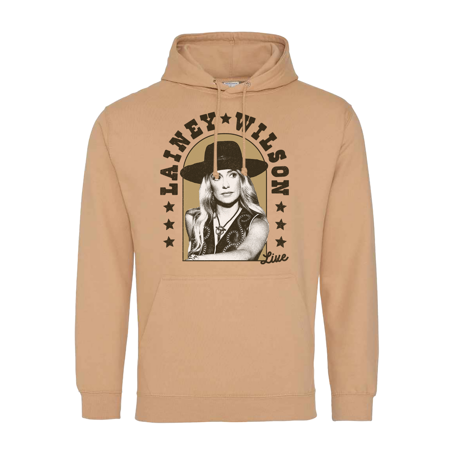 Beige hoodie sweatshirt with a Lainey Wilson graphic print on the front.