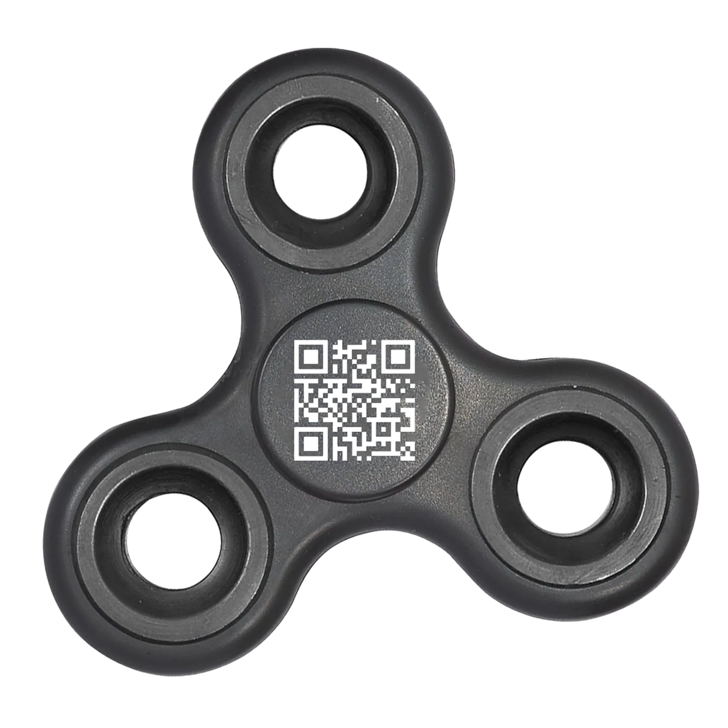 Black three-pronged fidget spinner with a white qr code printed on its center.