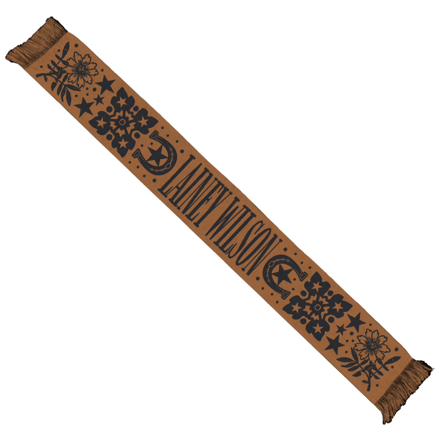Tan scarf with black floral and star patterns, featuring the text ’laney wilson’ in a bold font.