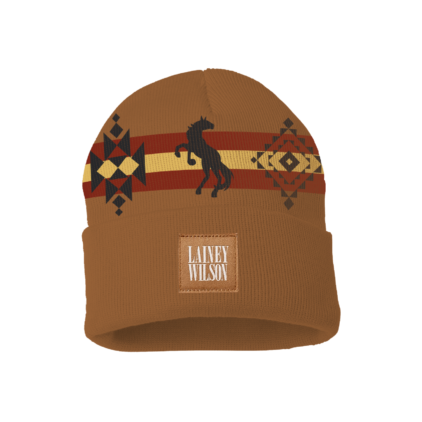 Tan knit beanie featuring a bold red and yellow stripe with black geometric patterns, accented by a central black horse silhouette.