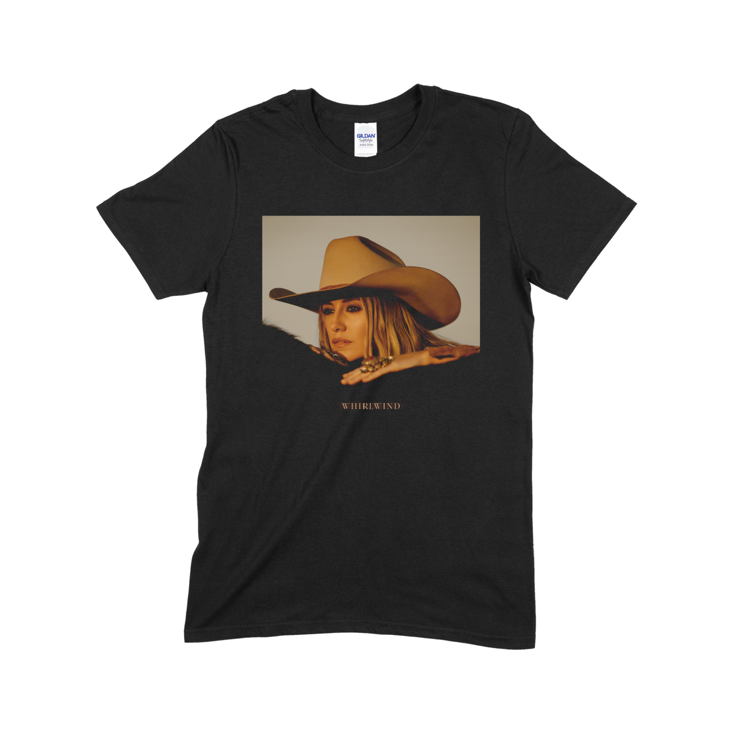 Black t-shirt featuring a printed image of a person wearing a cowboy hat.