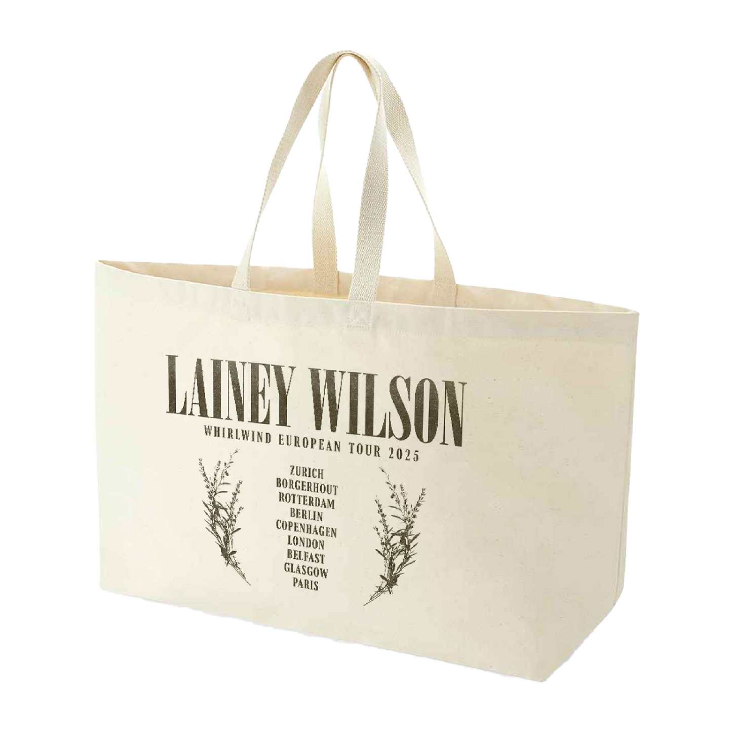 Cream-colored canvas tote bag with black printed text and botanical illustrations.