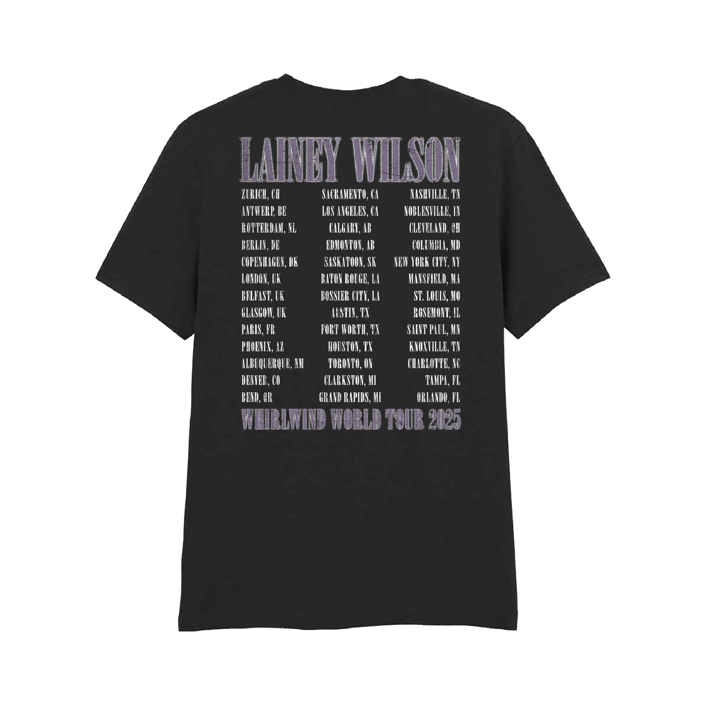 Black cotton t-shirt featuring a silver-foiled graphic of lainey wilson’s 2025 whirlwind world tour itinerary.