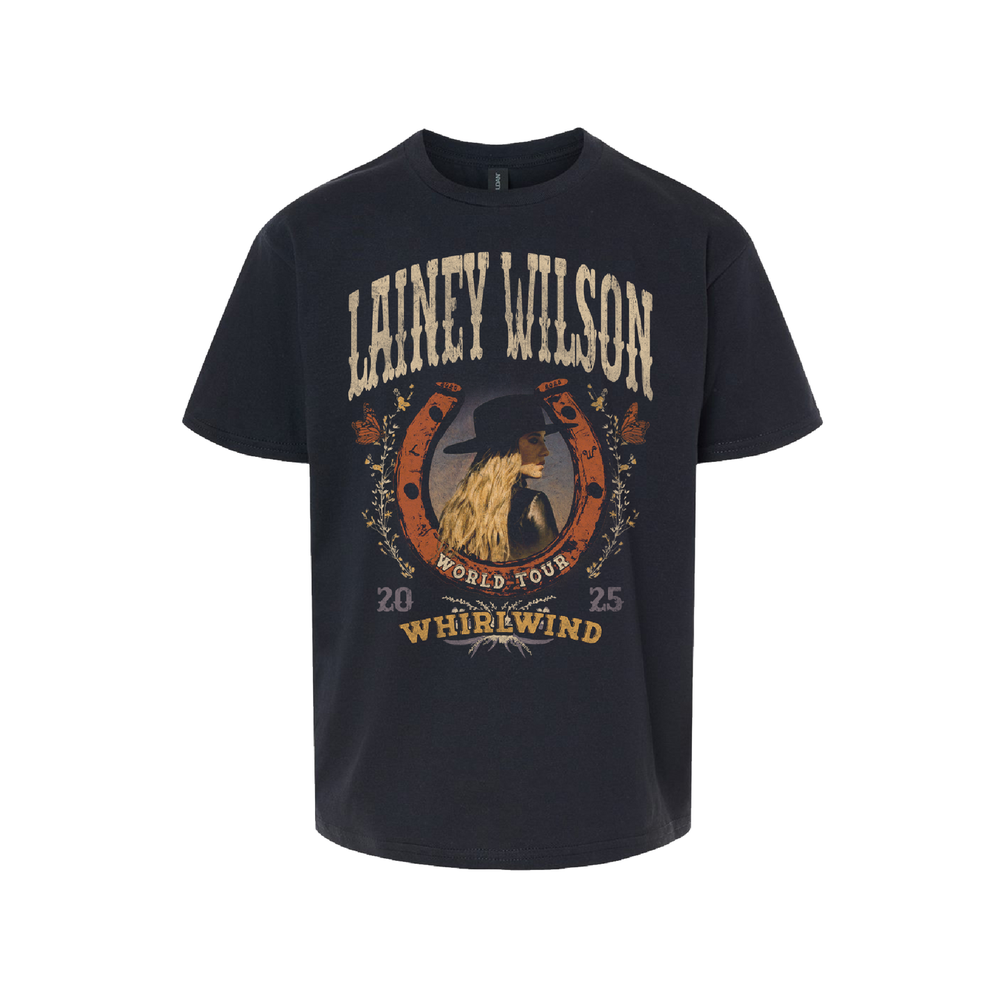 Dark navy blue cotton t-shirt featuring a vintage-style graphic of lainey wilson in a hat, framed by an orange horseshoe and floral details with ’world tour 2025 whirlwind’ text.