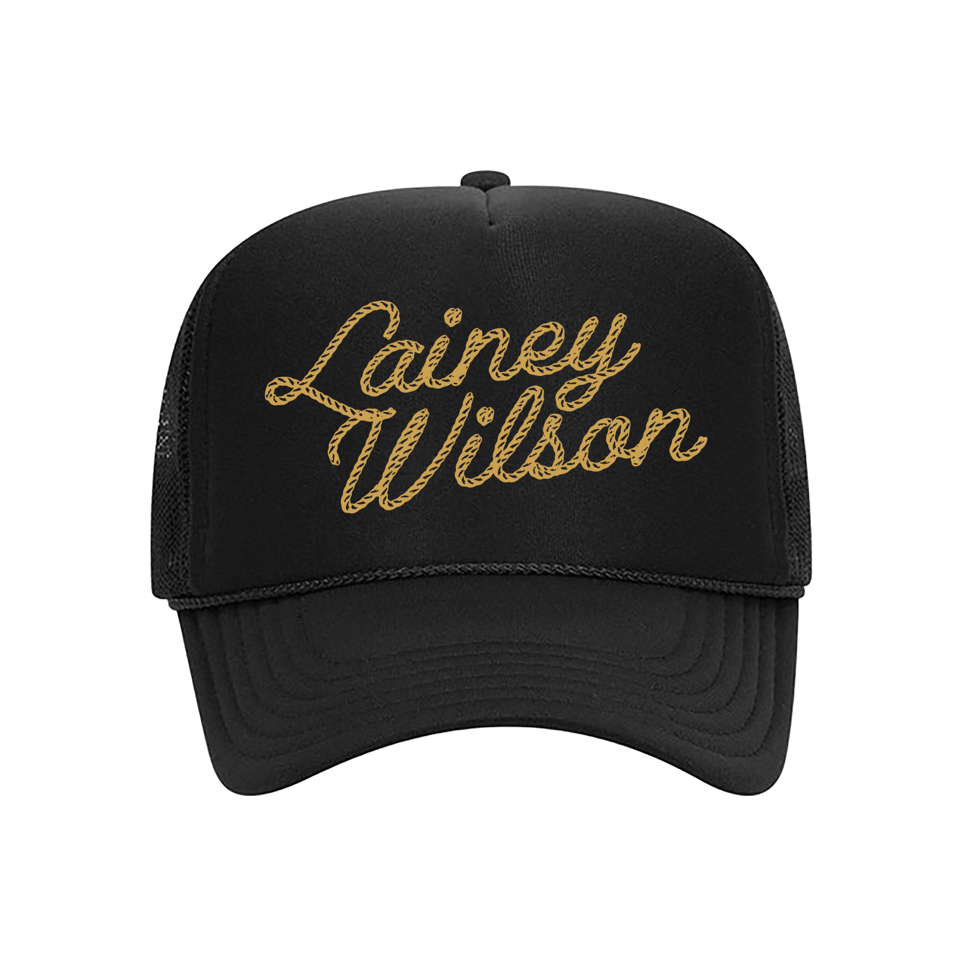 Black trucker hat with ’Lainey Wilson’ embroidered in gold rope-style lettering on the front.