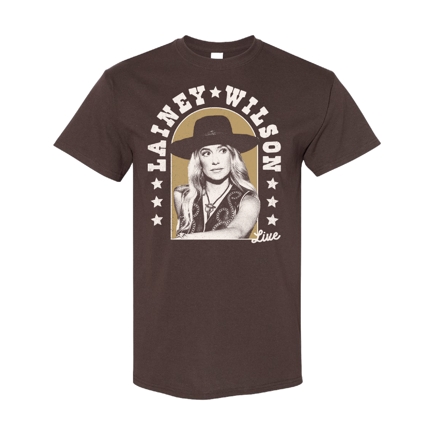 Brown t-shirt featuring a retro-style portrait of a woman wearing a hat, with ’LAINEY WILSON’ text above.