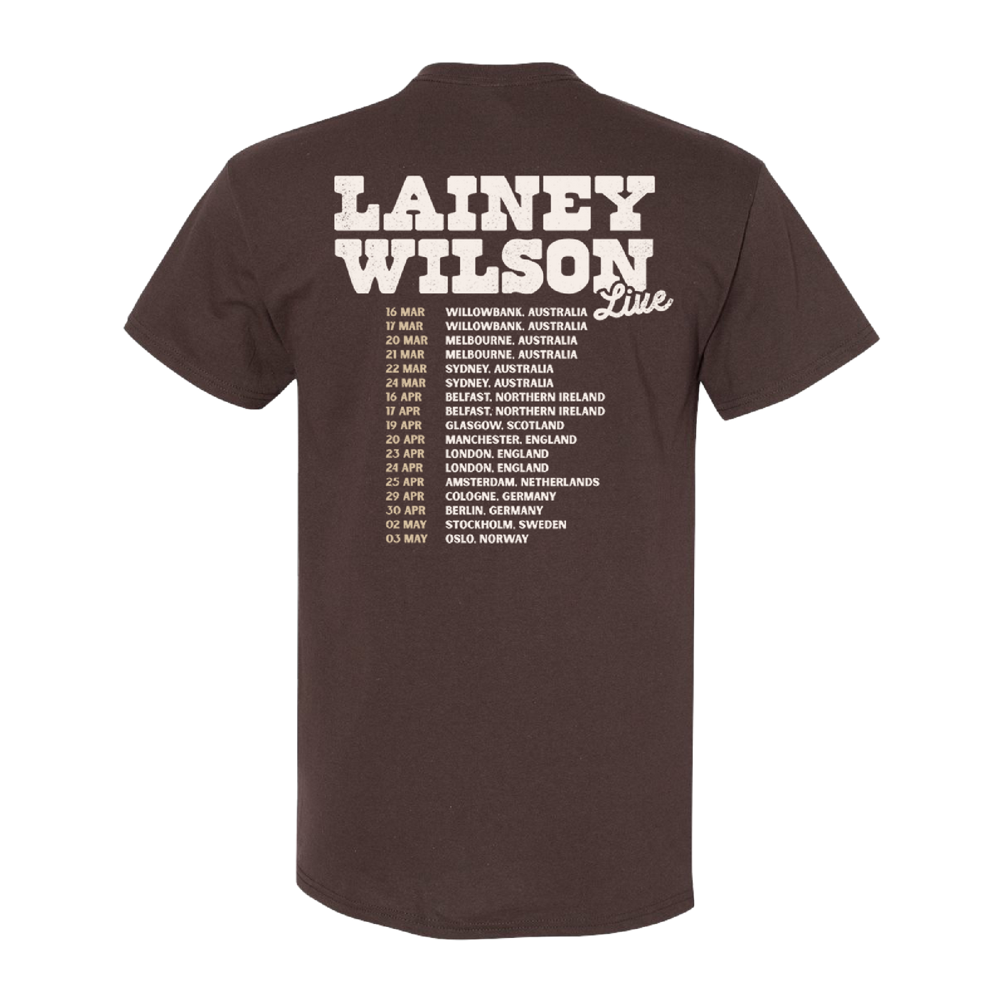 Brown t-shirt with ’Lainey Wilson’ tour dates printed on the back.