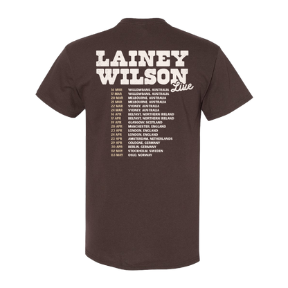 Brown t-shirt with ’Lainey Wilson’ tour dates printed on the back.