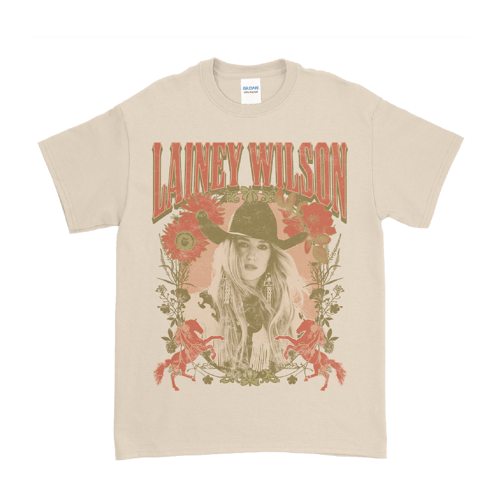 T-shirt featuring a vintage-style country music design with ’Lainey Wilson’ text and floral artwork.