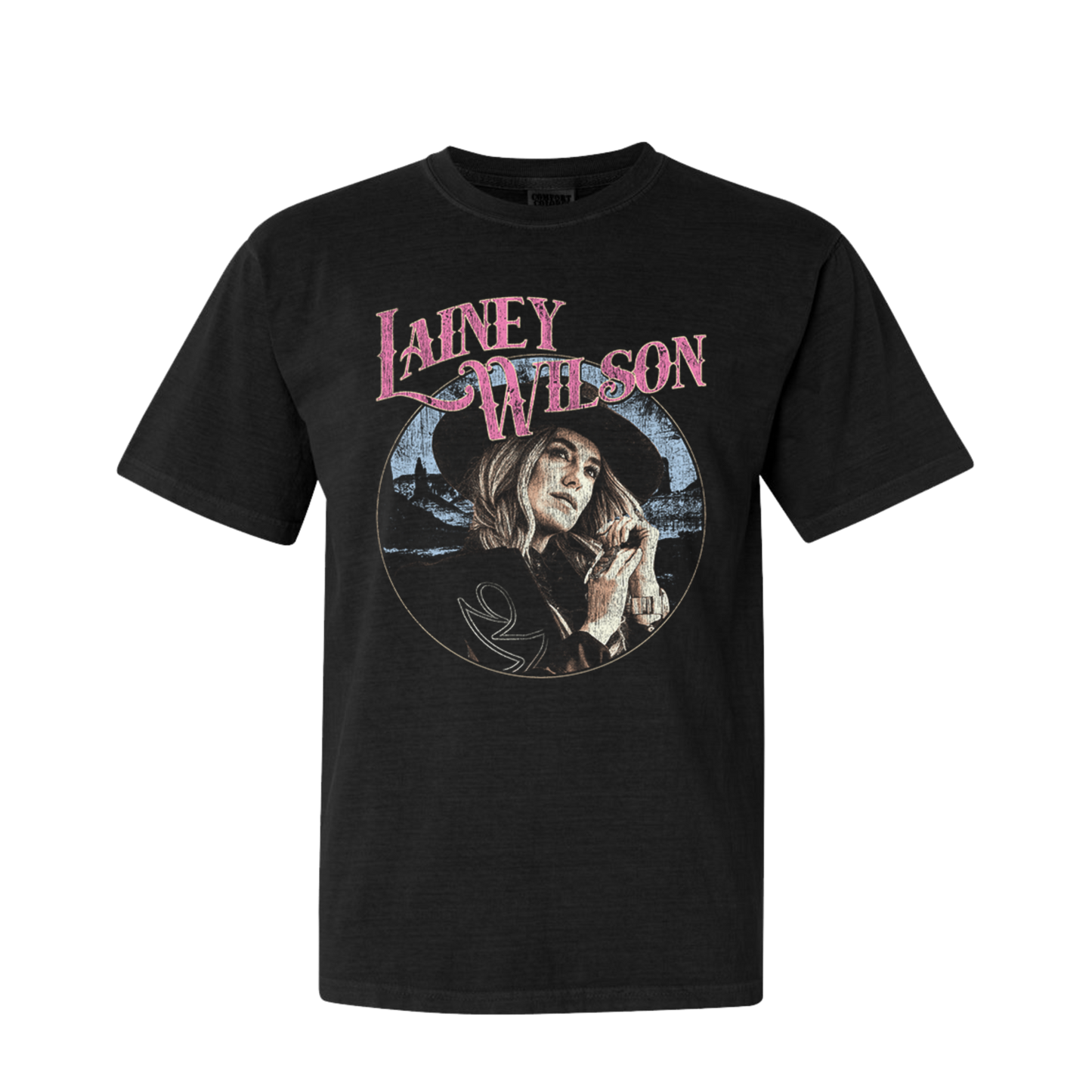 Black t-shirt featuring a circular graphic design with ’Lainey Wilson’ text above it.