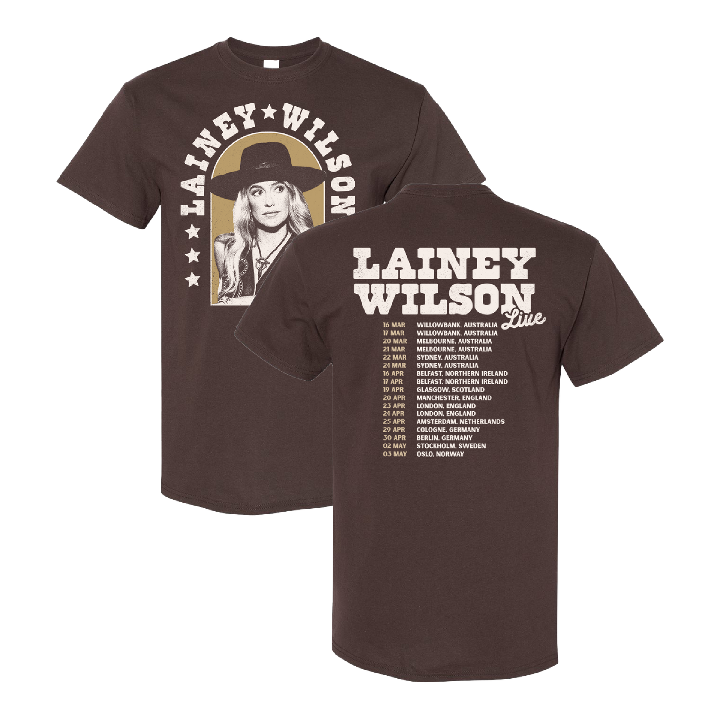 Brown t-shirt featuring Lainey Wilson tour merchandise design.