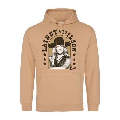 Beige hoodie sweatshirt with a Lainey Wilson graphic print on the front.