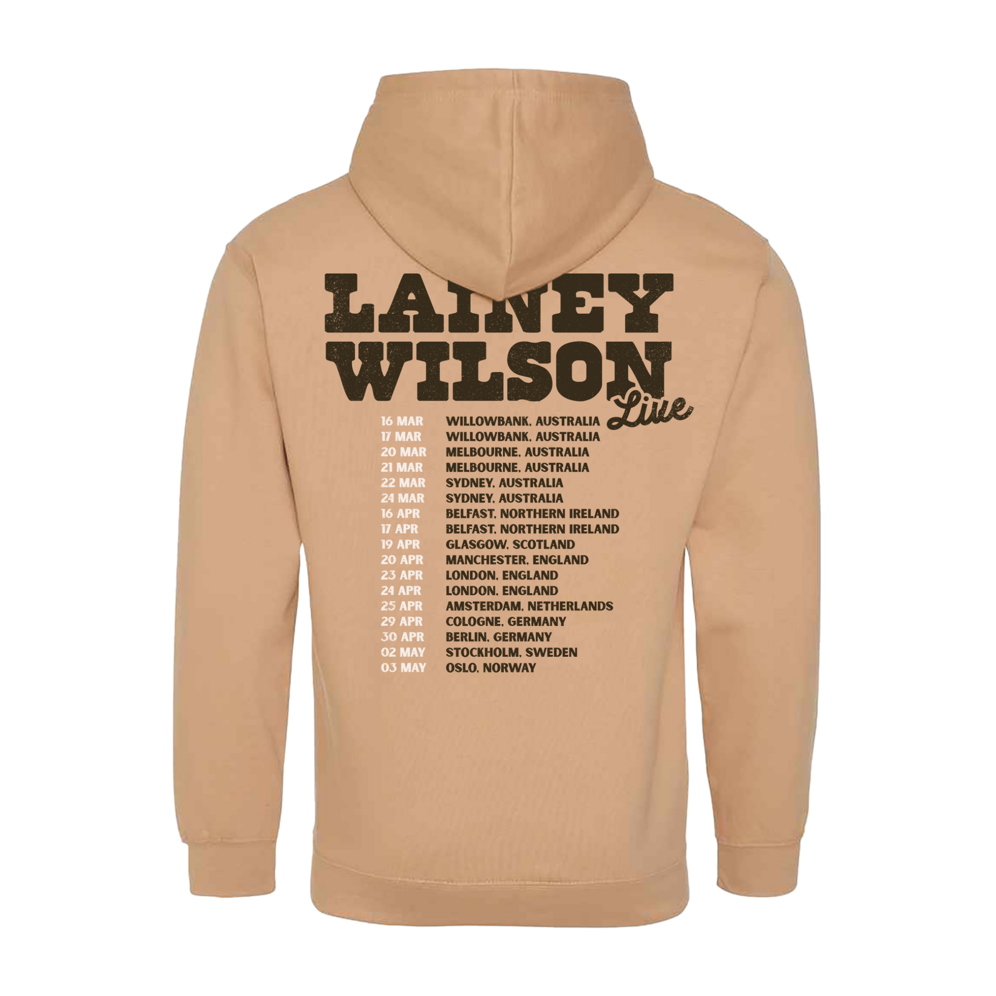 Beige hoodie with ’Lainey Wilson Live’ tour dates printed on the back.