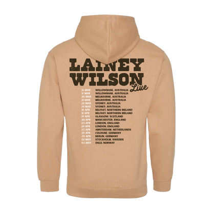 Beige hoodie with ’Lainey Wilson Live’ tour dates printed on the back.