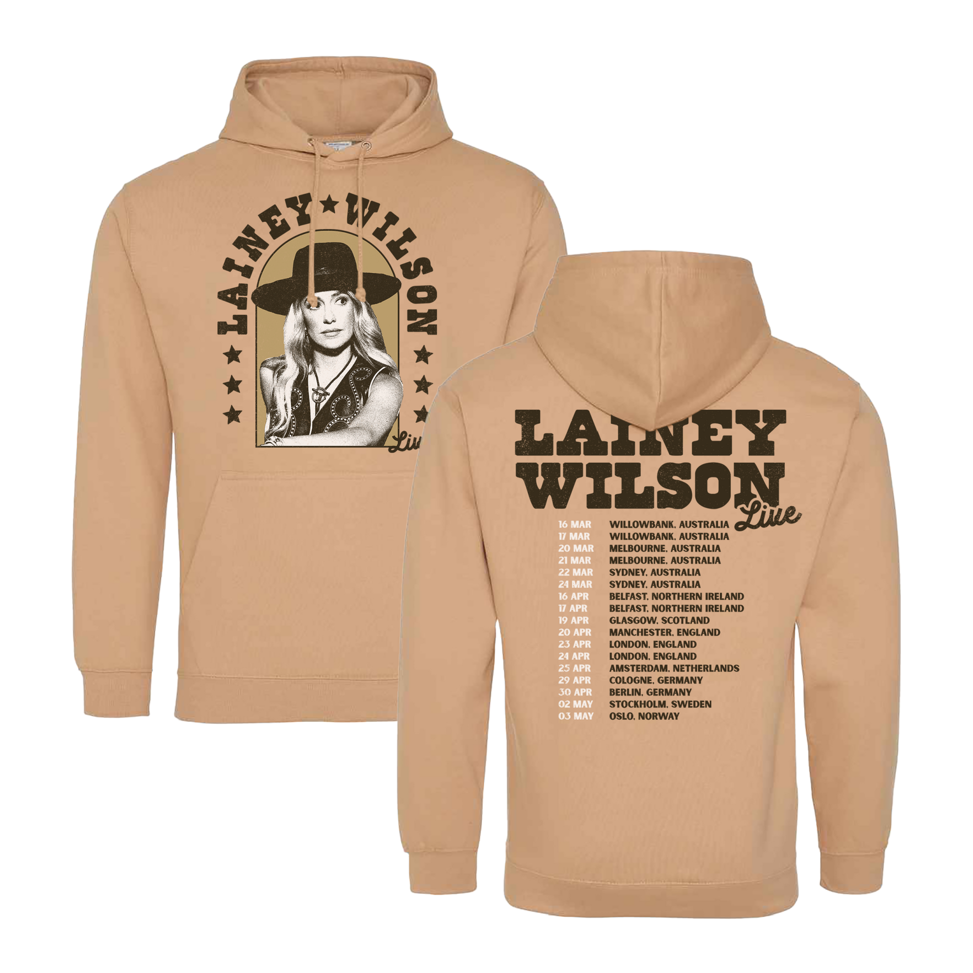 Tan hoodie sweatshirt with Lainey Wilson tour merchandise design on front and back.