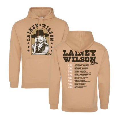 Tan hoodie sweatshirt with Lainey Wilson tour merchandise design on front and back.