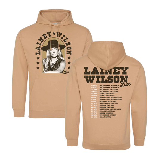 Tan hoodie sweatshirt with Lainey Wilson tour merchandise design on front and back.