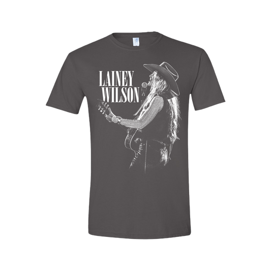 Gray t-shirt featuring a black and white image of a musician playing guitar and wearing a hat.