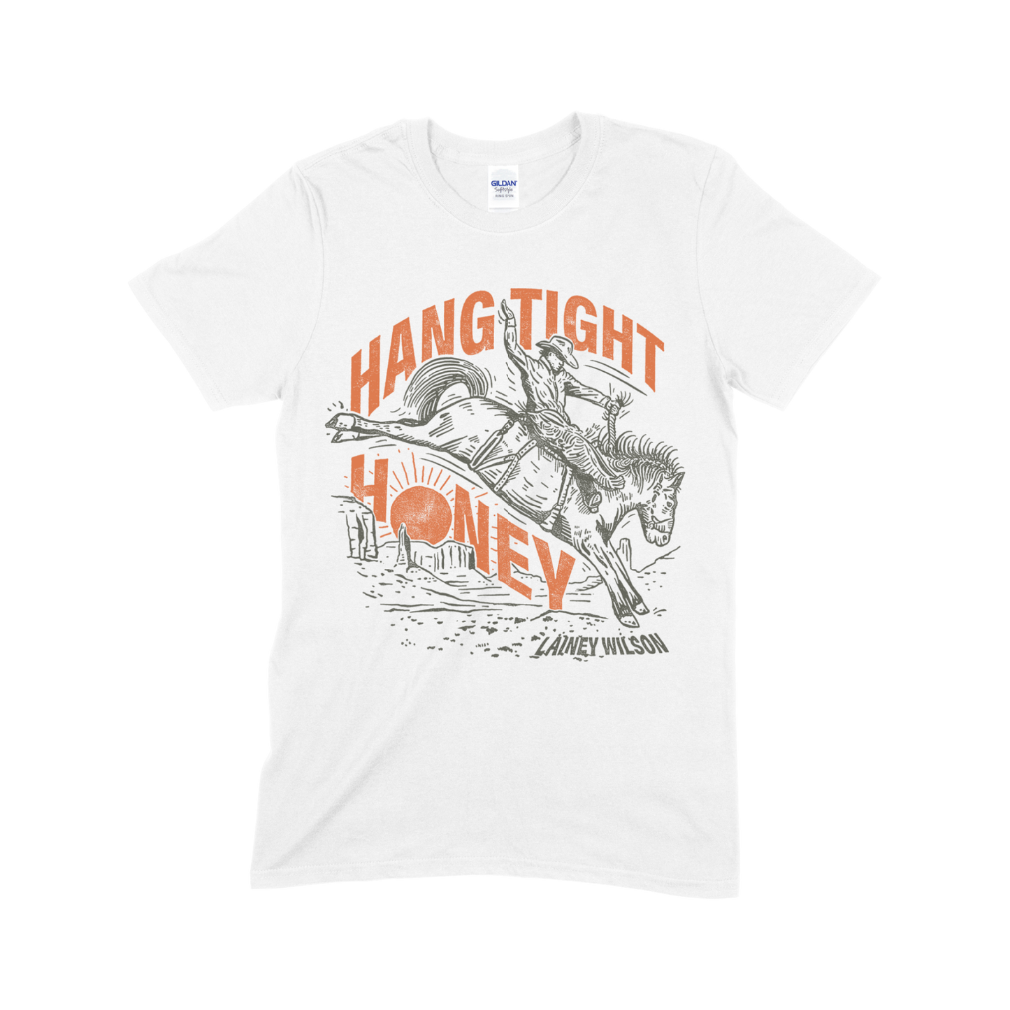 White t-shirt with a rodeo-themed graphic design featuring the text ’Hang Tight Honey’ and an illustration of a bucking horse and rider.