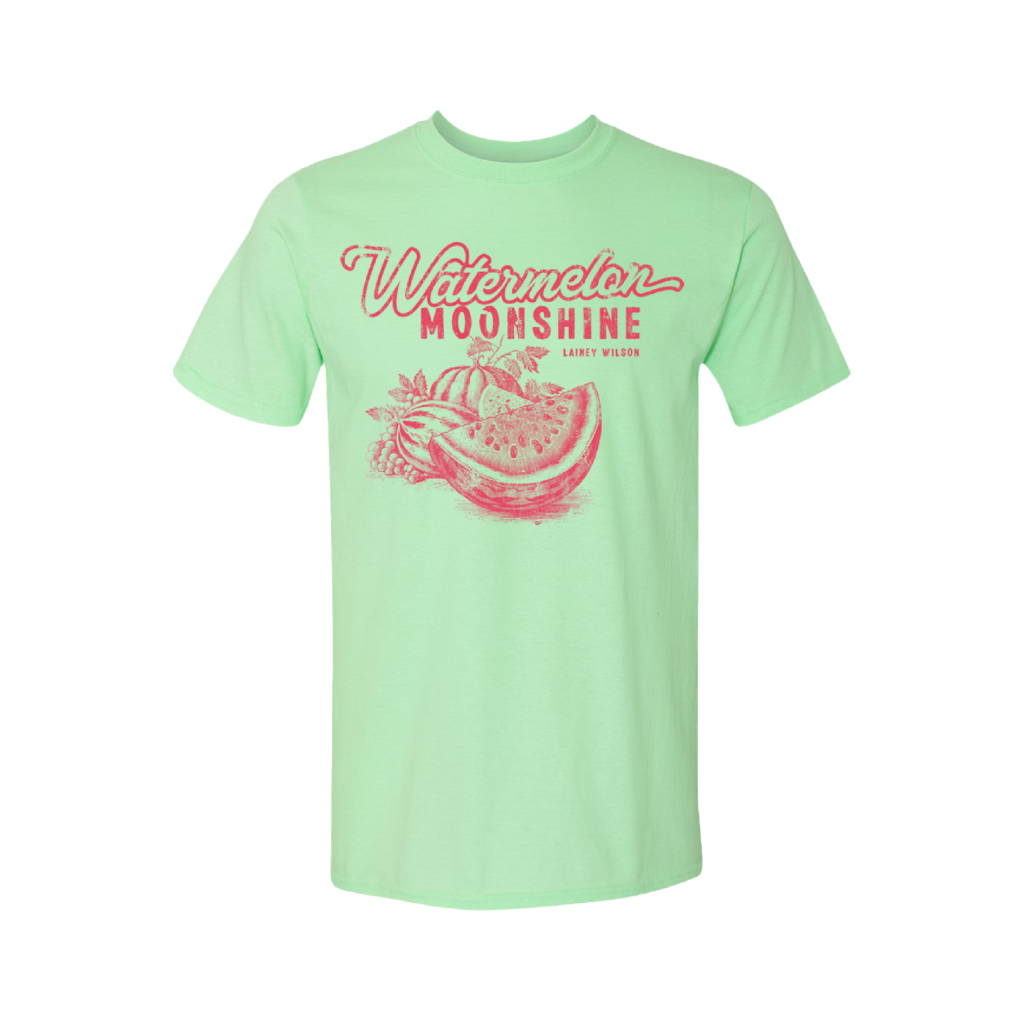 Mint green t-shirt with ’Watermelon Moonshine’ text and watermelon graphic in pink.