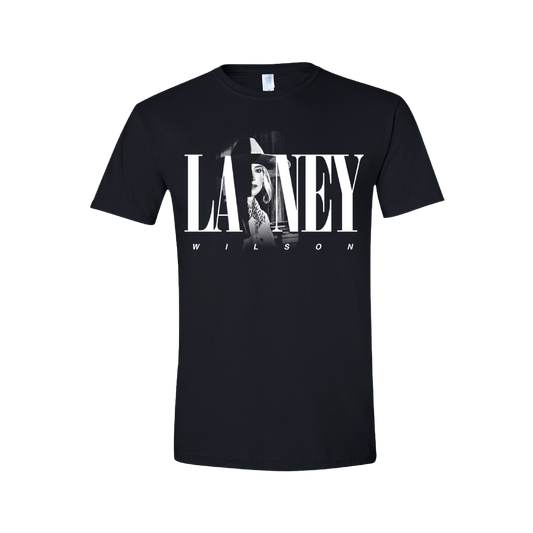 Black t-shirt with ’LAINEY WILSON’ text and a stylized portrait design.