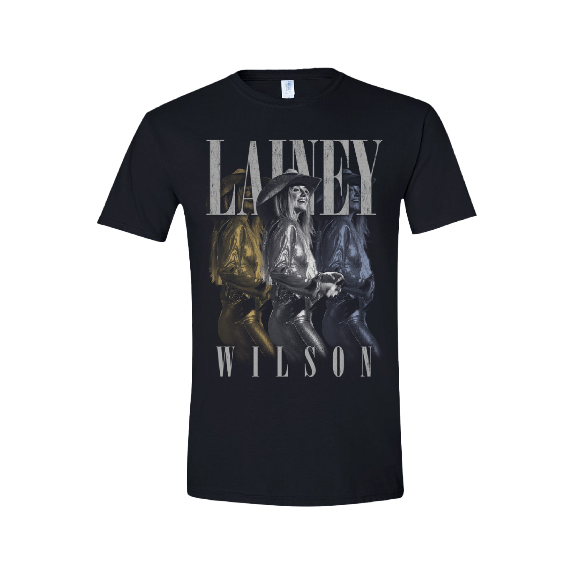 Black t-shirt featuring a musician’s name and triple image design.