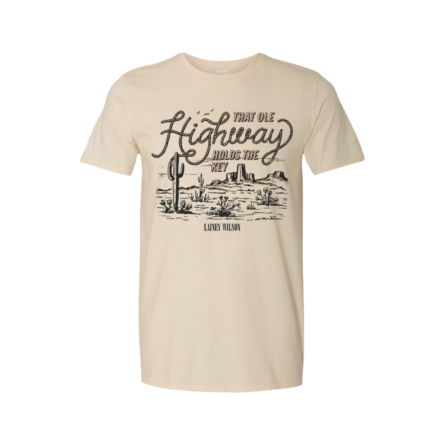 Beige t-shirt with a desert landscape and ’That Ole Highway’ text design.