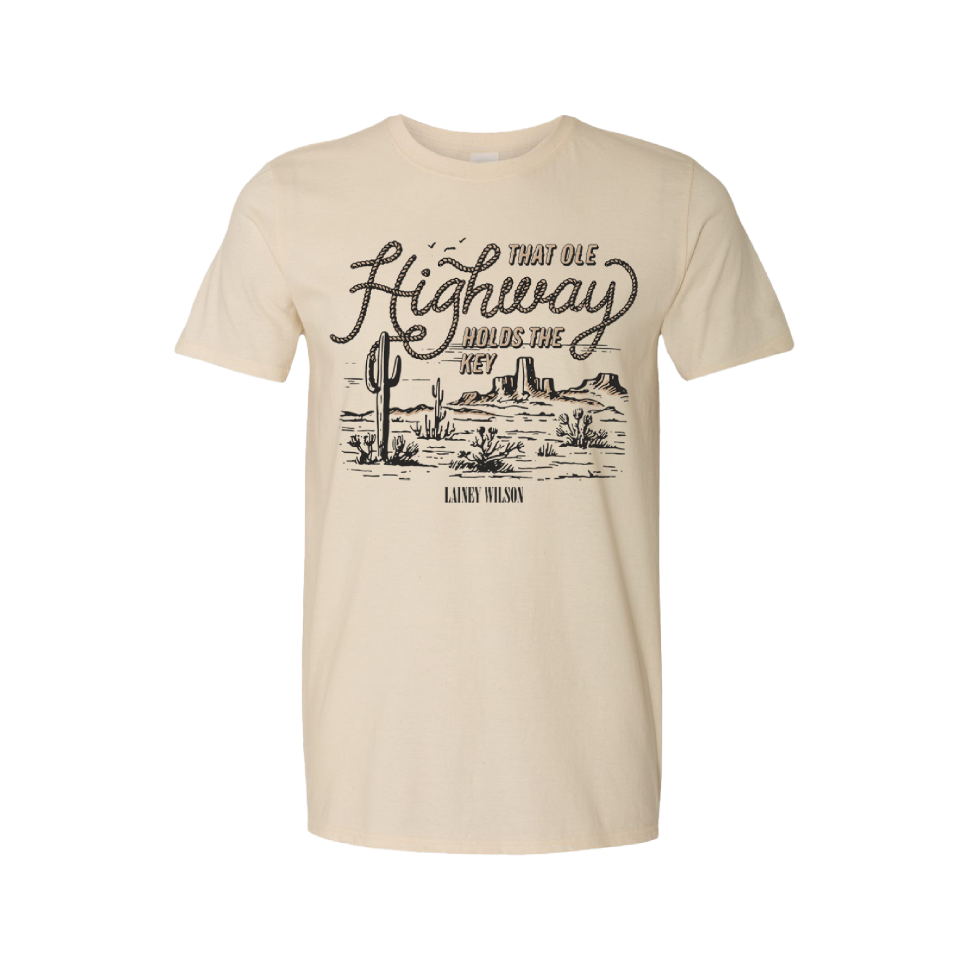 Beige t-shirt with a desert landscape and ’That Ole Highway’ text design.