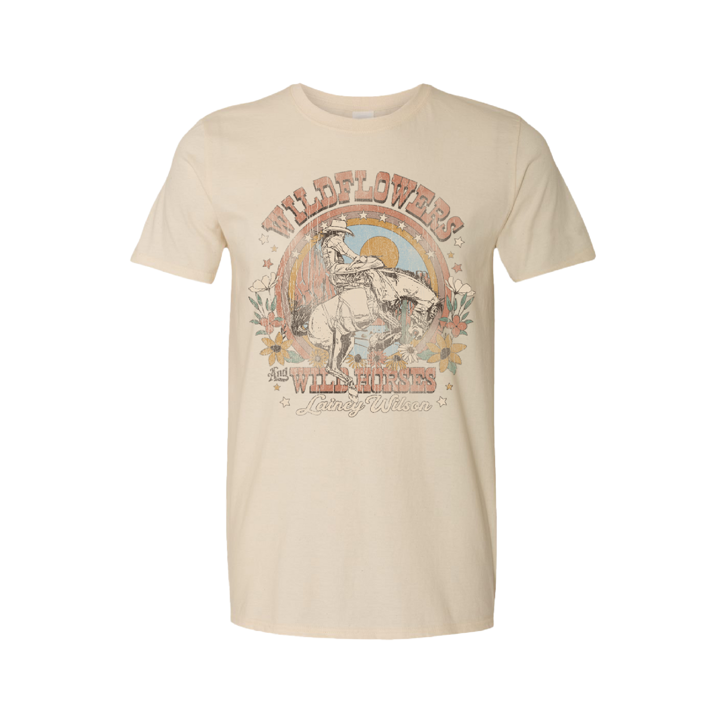 Beige t-shirt with a vintage-style western rodeo graphic featuring a bucking horse and text.