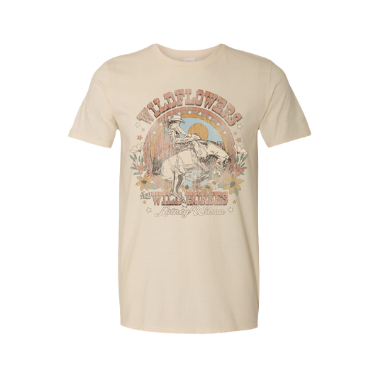 Beige t-shirt with a vintage-style western rodeo graphic featuring a bucking horse and text.