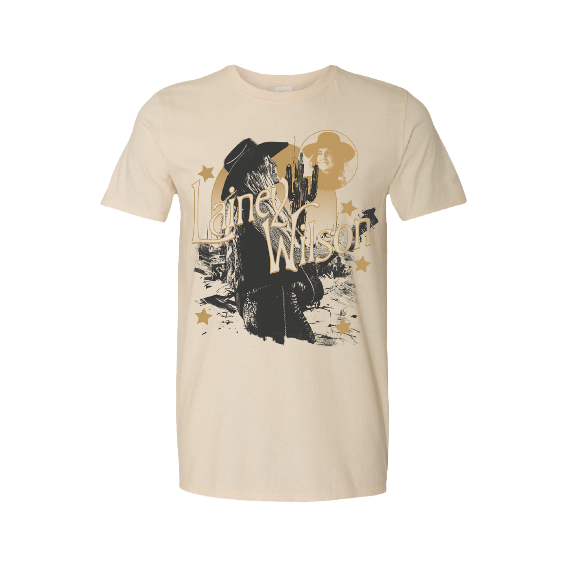 Beige t-shirt with a stylized western-themed graphic design featuring ’King of the West’ text.