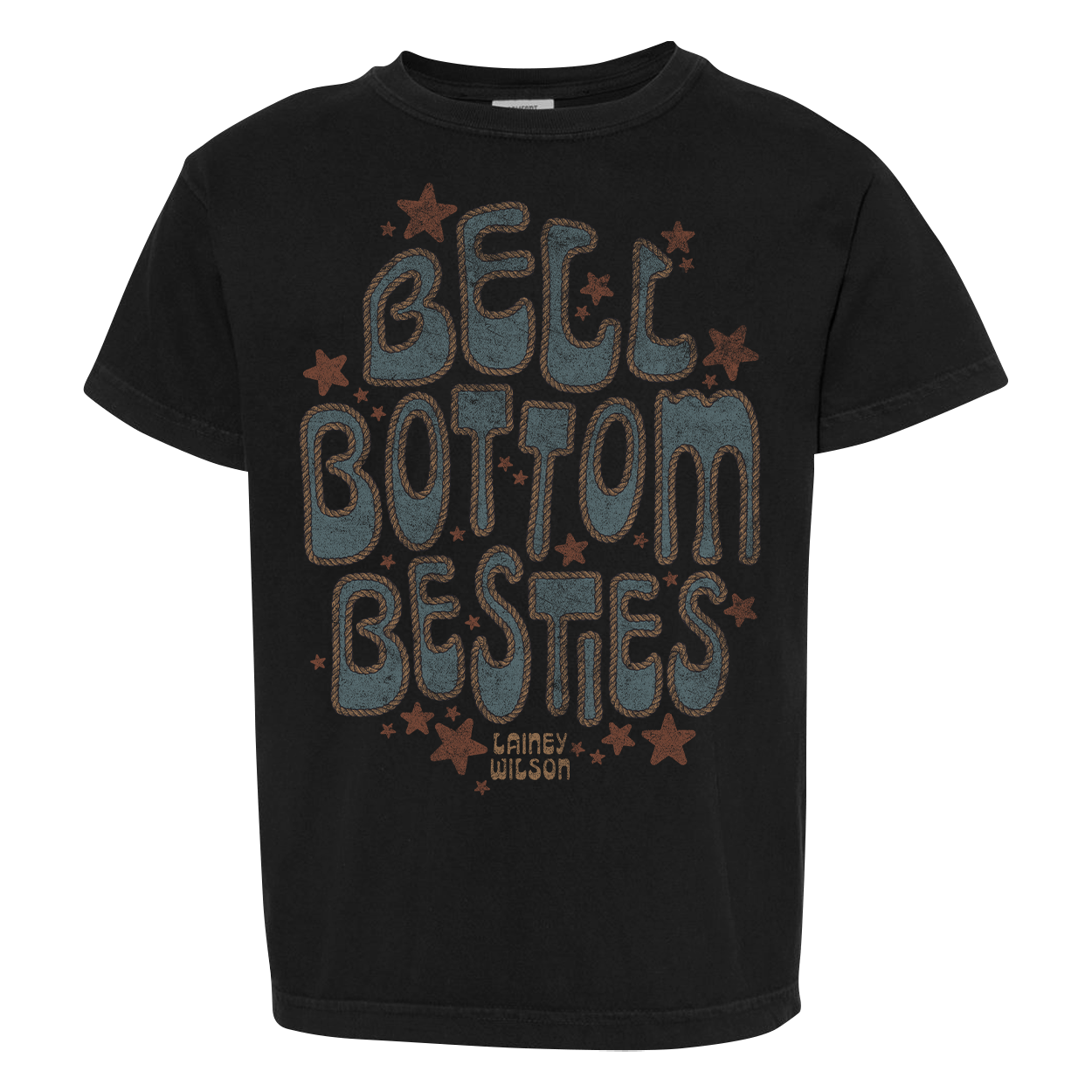Black cotton youth t-shirt with distressed blue brown bell bottom besties graphic and stars by lainey wilson from official lainey wilson uk store