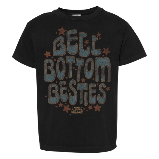 Black cotton youth t-shirt with distressed blue brown bell bottom besties graphic and stars by lainey wilson from official lainey wilson uk store