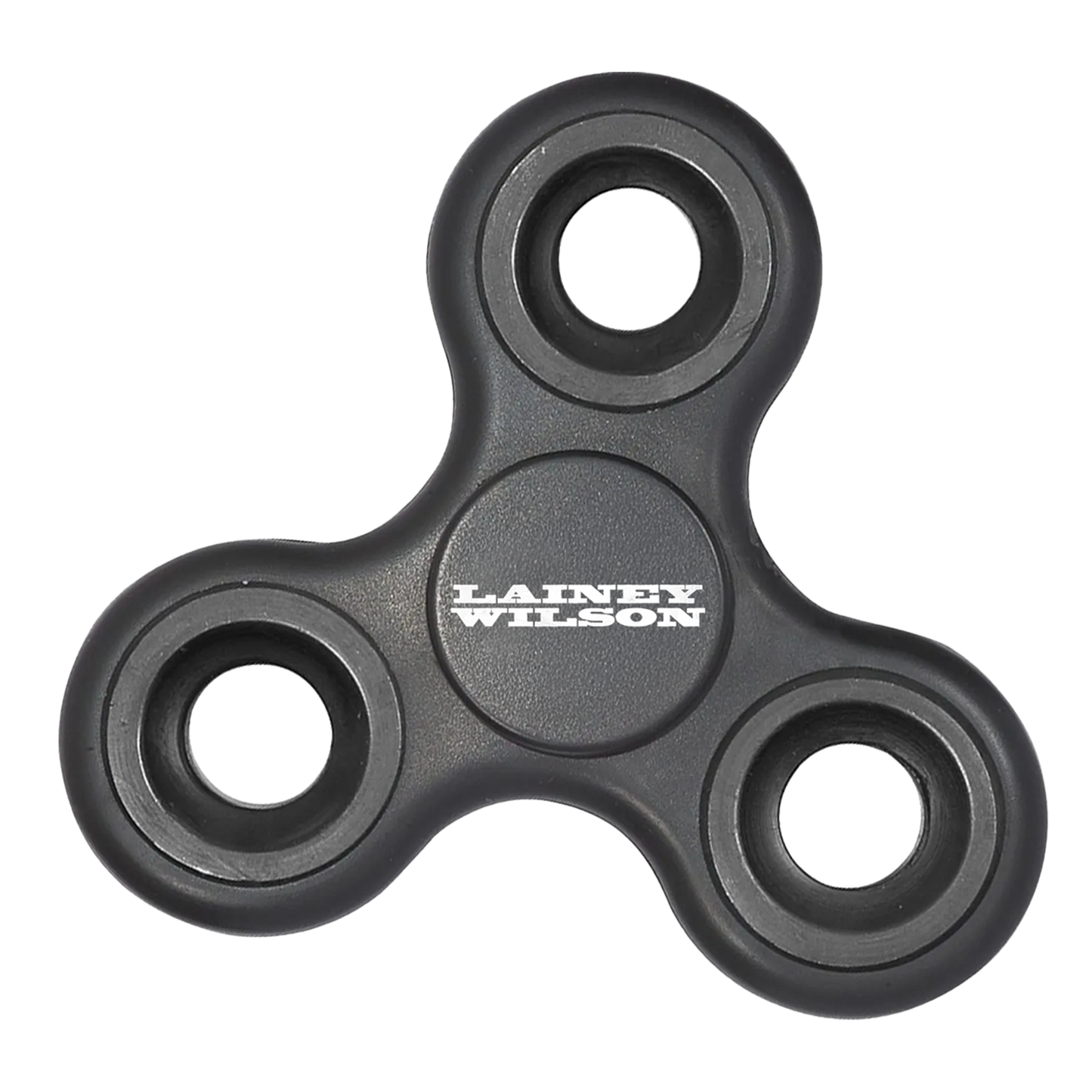 Black plastic fidget spinner with ’lainey wilson’ printed in white on the center.