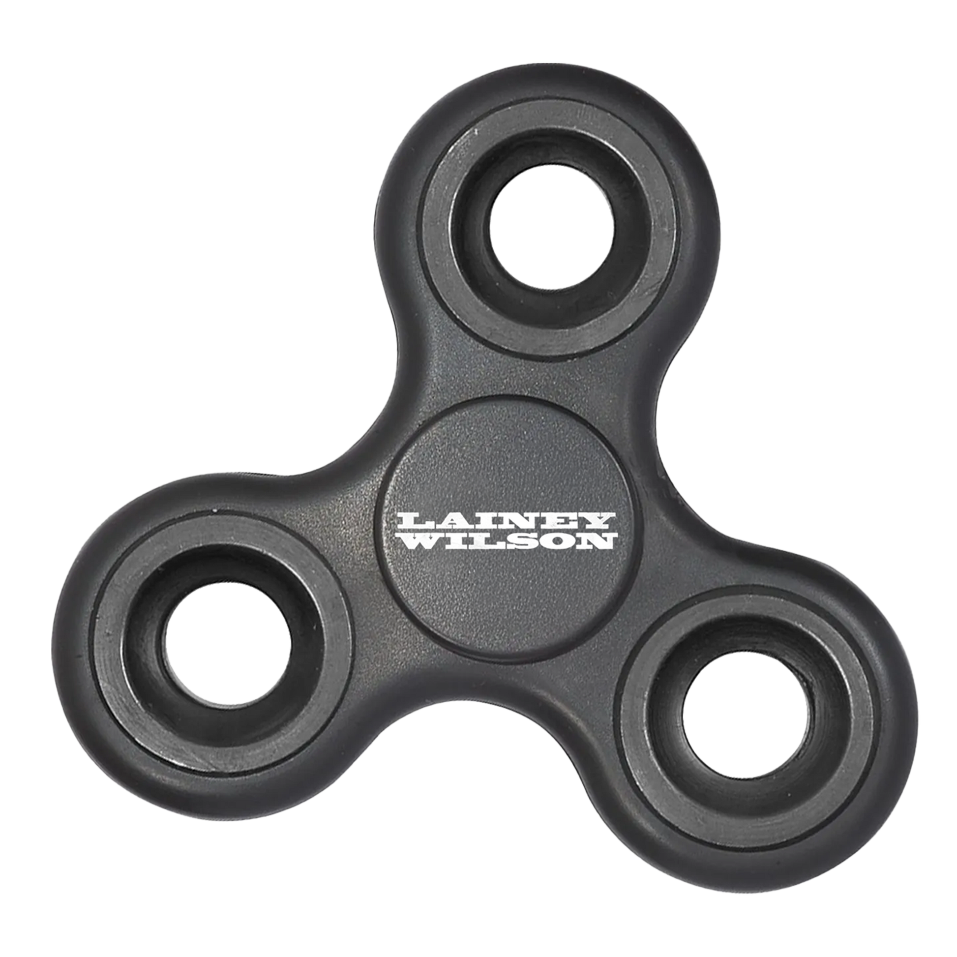 Black plastic fidget spinner with ’lainey wilson’ printed in white on the center.