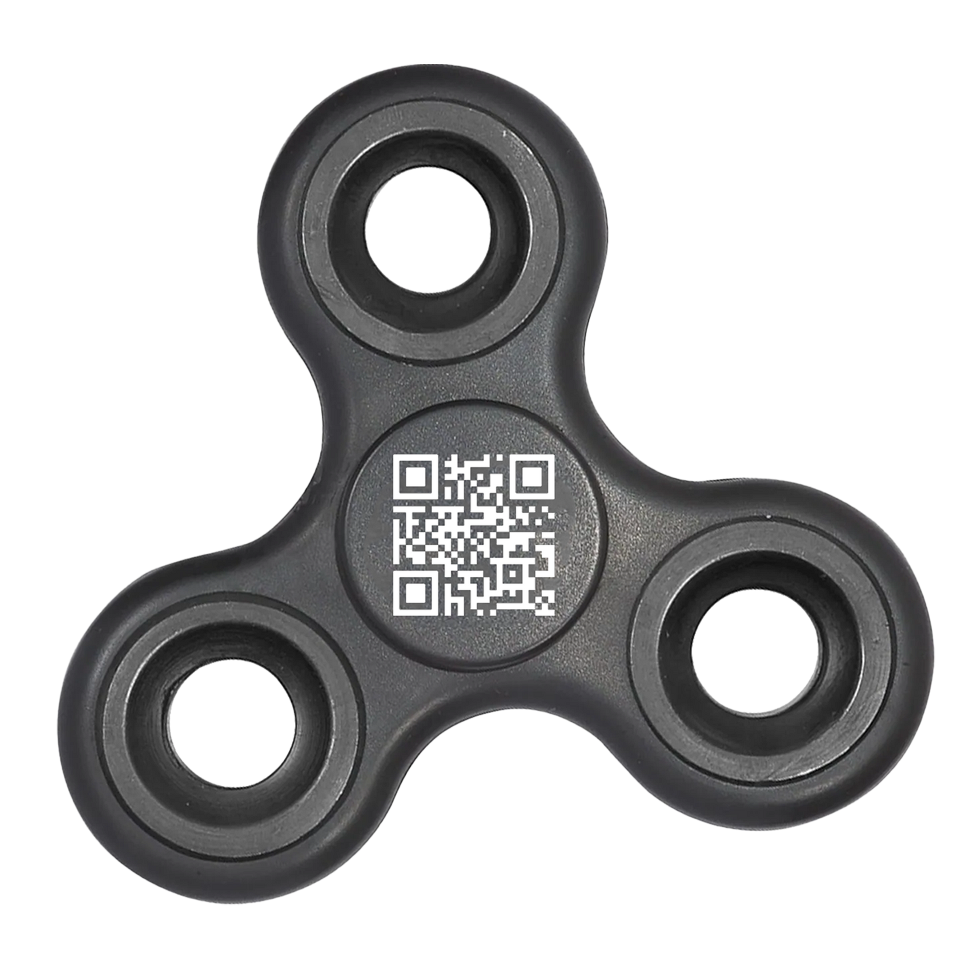 Black three-pronged fidget spinner with a white qr code printed on its center.