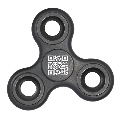 Black three-pronged fidget spinner with a white qr code printed on its center.