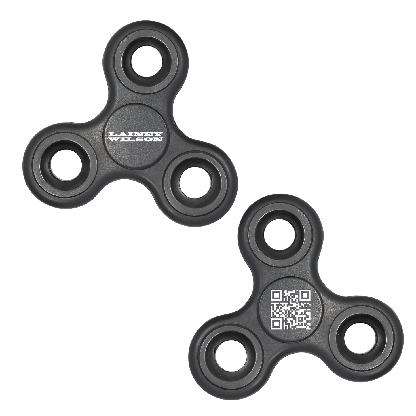 Black plastic fidget spinners, one featuring the ’lainey wilson’ logo and the other displaying a qr code.