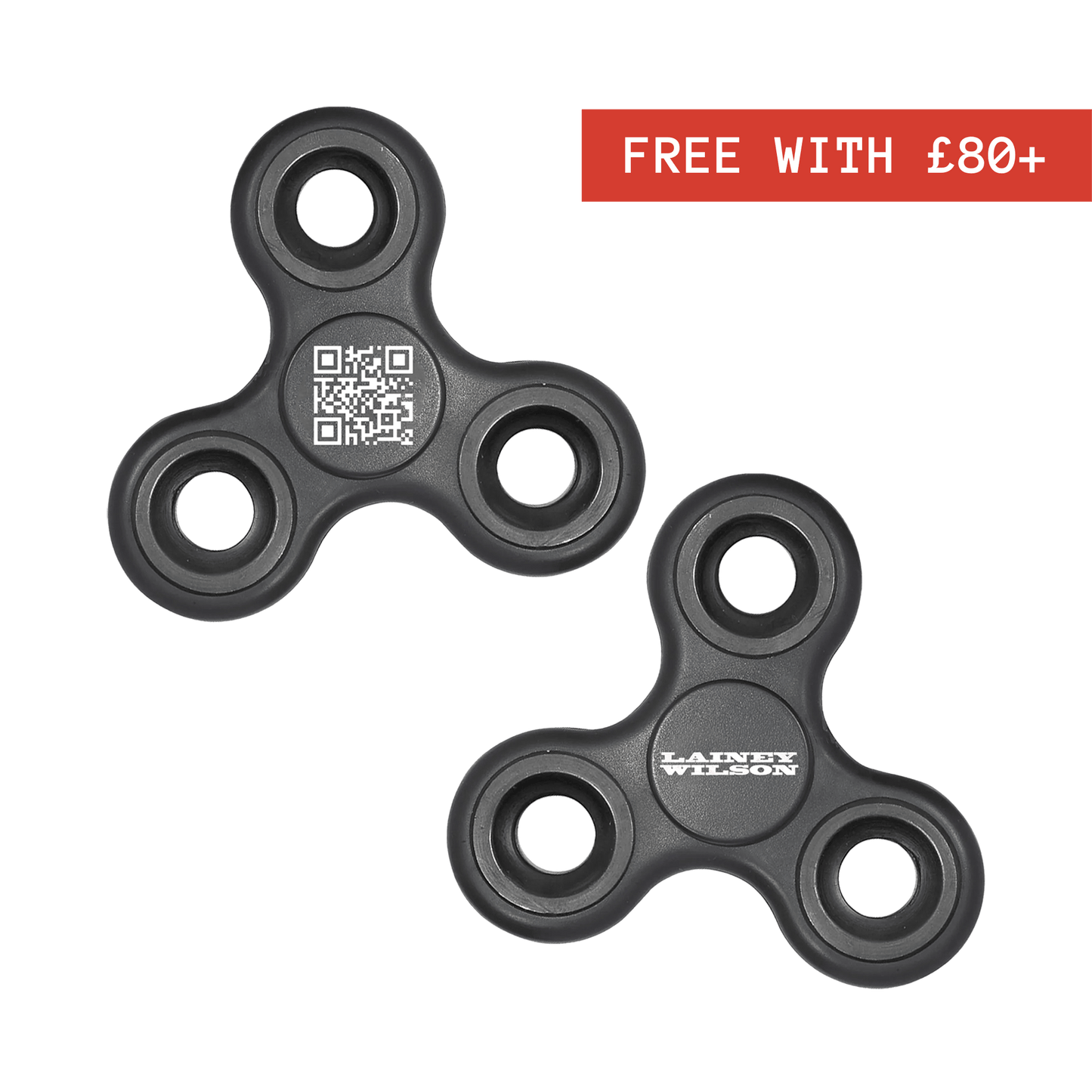 Black plastic fidget spinner with a central qr code and ’lainey wilson’ branding.