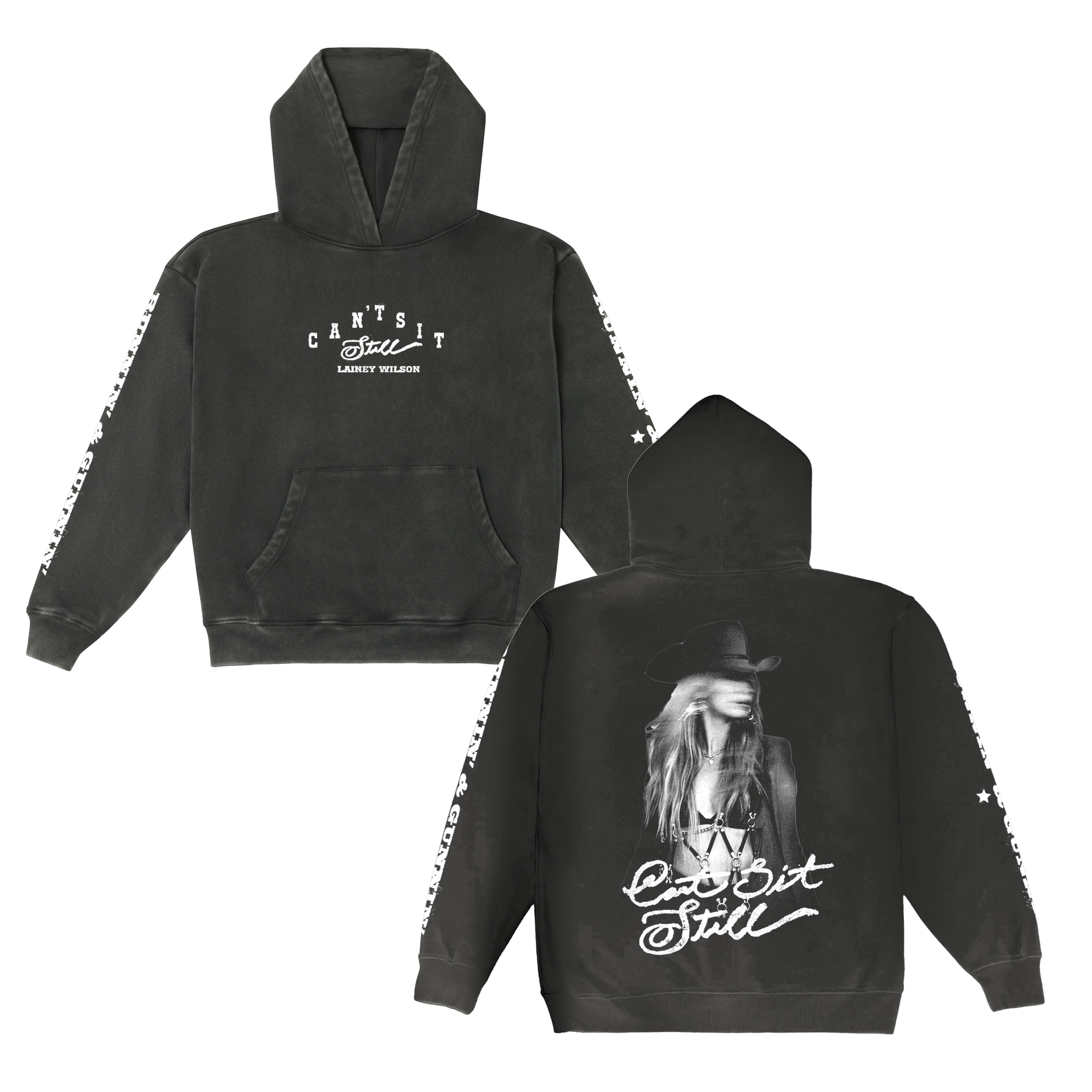 Black hoodie featuring a white graphic print of lainey wilson and the text ’can’t sit still’ on both front and back, with star patterns along the sleeves.