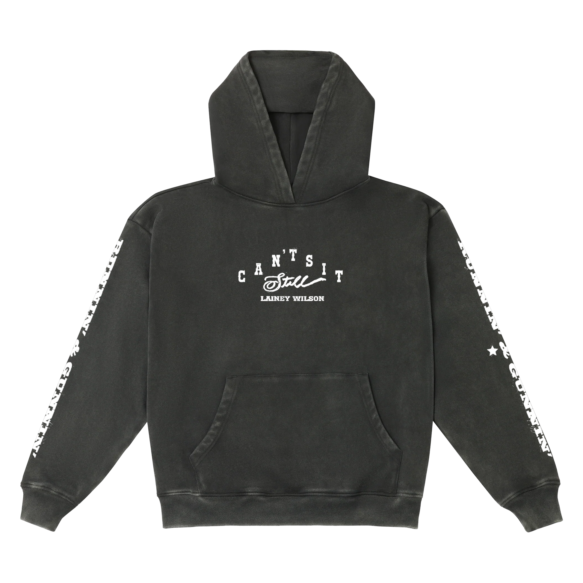 Black hoodie with white ’can’t sit still’ graphic and star-patterned sleeve trim.