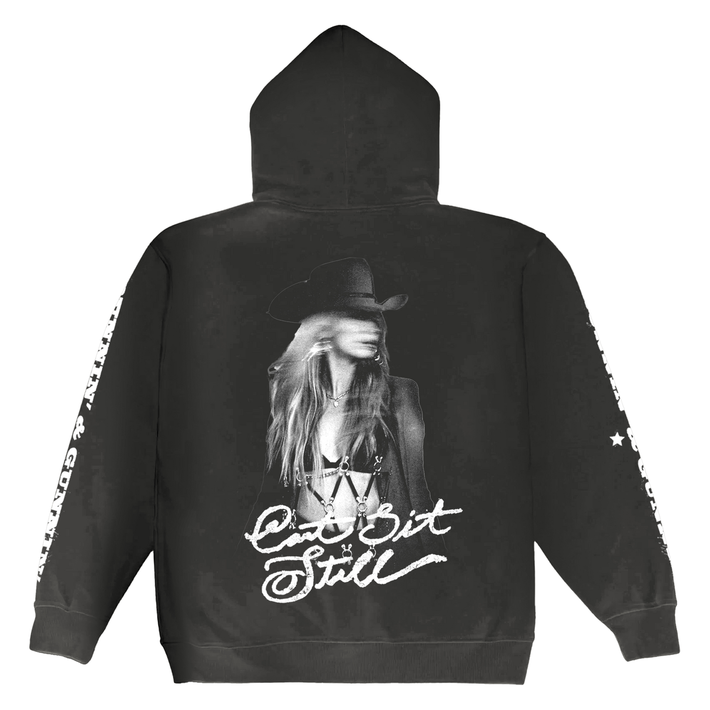 Black hoodie featuring a black-and-white graphic of a woman in a cowboy hat with the text ’can’t sit still’ printed below.