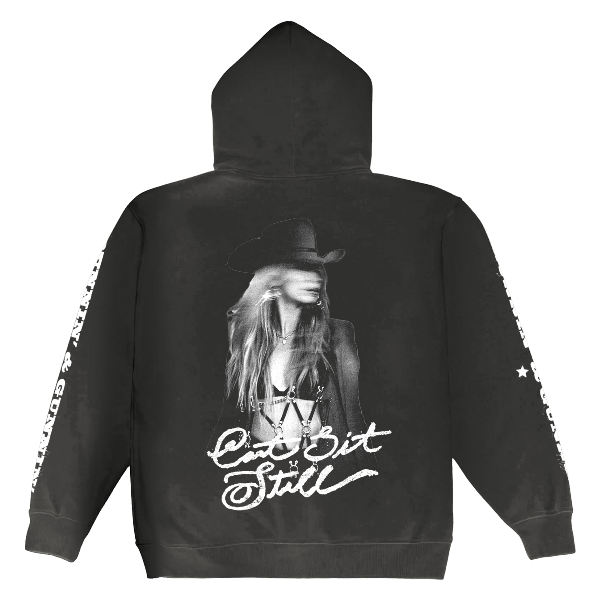 Black hoodie featuring a black-and-white graphic of a woman in a cowboy hat with the text ’can’t sit still’ printed below.