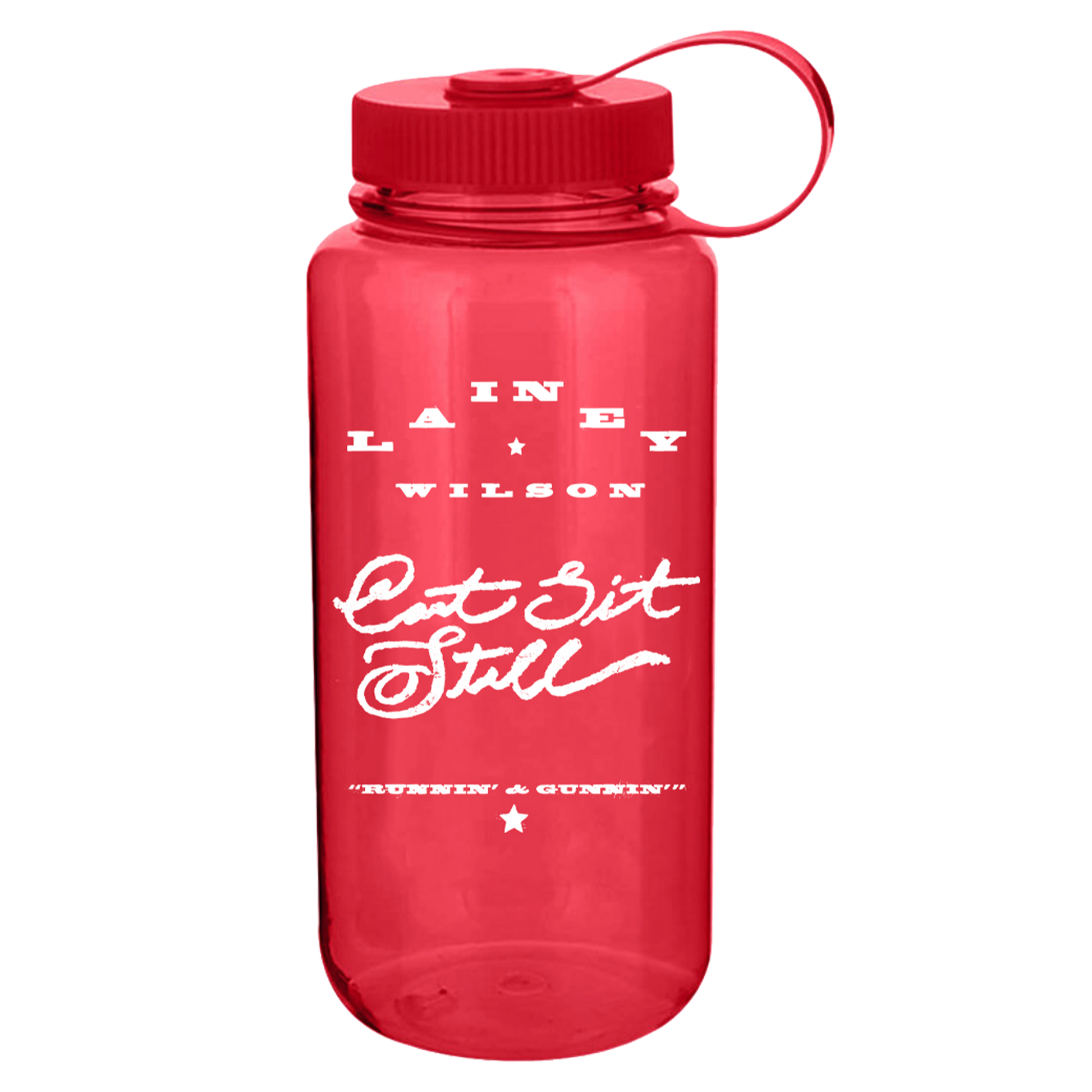 Red translucent water bottle with a matching red screw-on lid and loop handle, featuring white printed text that reads ’laney wilson’ above the cursive phrase “can’t sit still” and below it, in smaller font: “’rushin