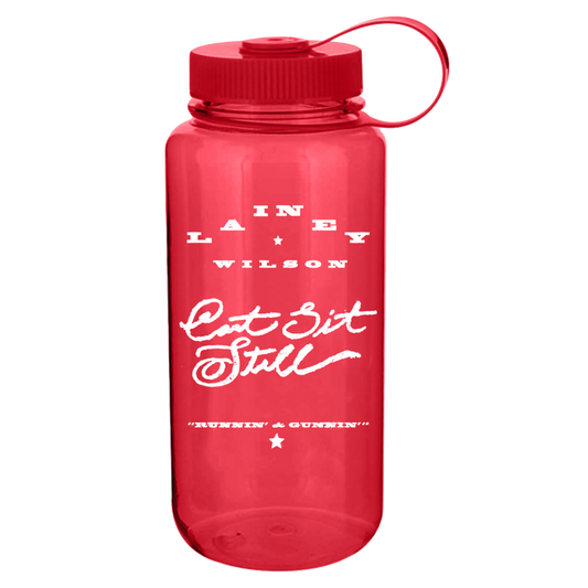 Red translucent water bottle with a matching red screw-on lid and loop handle, featuring white printed text that reads ’laney wilson’ above the cursive phrase “can’t sit still” and below it, in smaller font: “’rushin