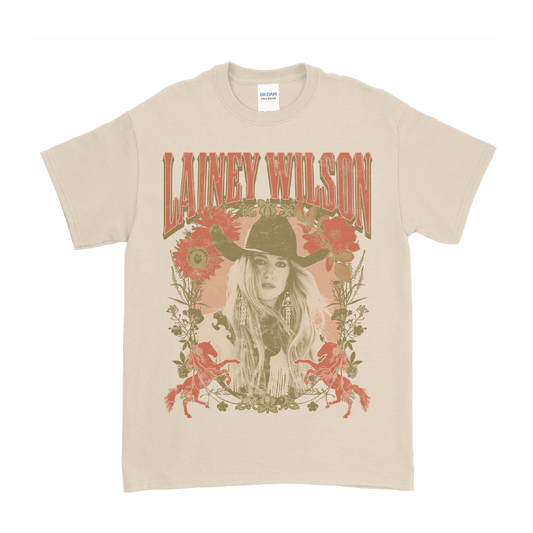 T-shirt featuring a vintage-style country music design with ’Lainey Wilson’ text and floral artwork.