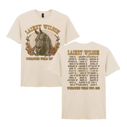 Cream-colored cotton t-shirt featuring a vintage-style horse illustration and tour itinerary print in earthy brown tones.