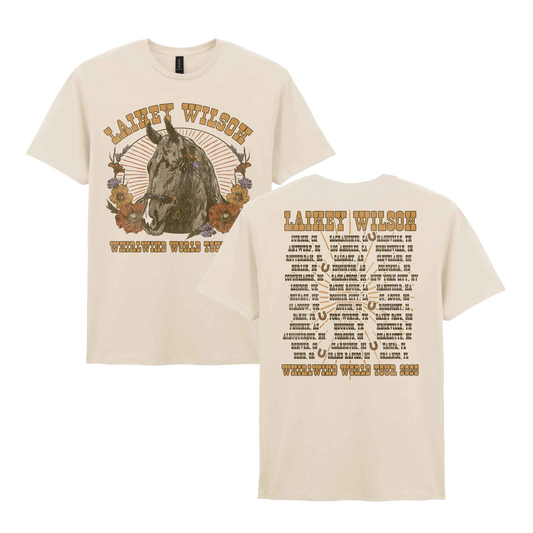 Cream-colored cotton t-shirt featuring a vintage-style horse illustration and tour itinerary print in earthy brown tones.