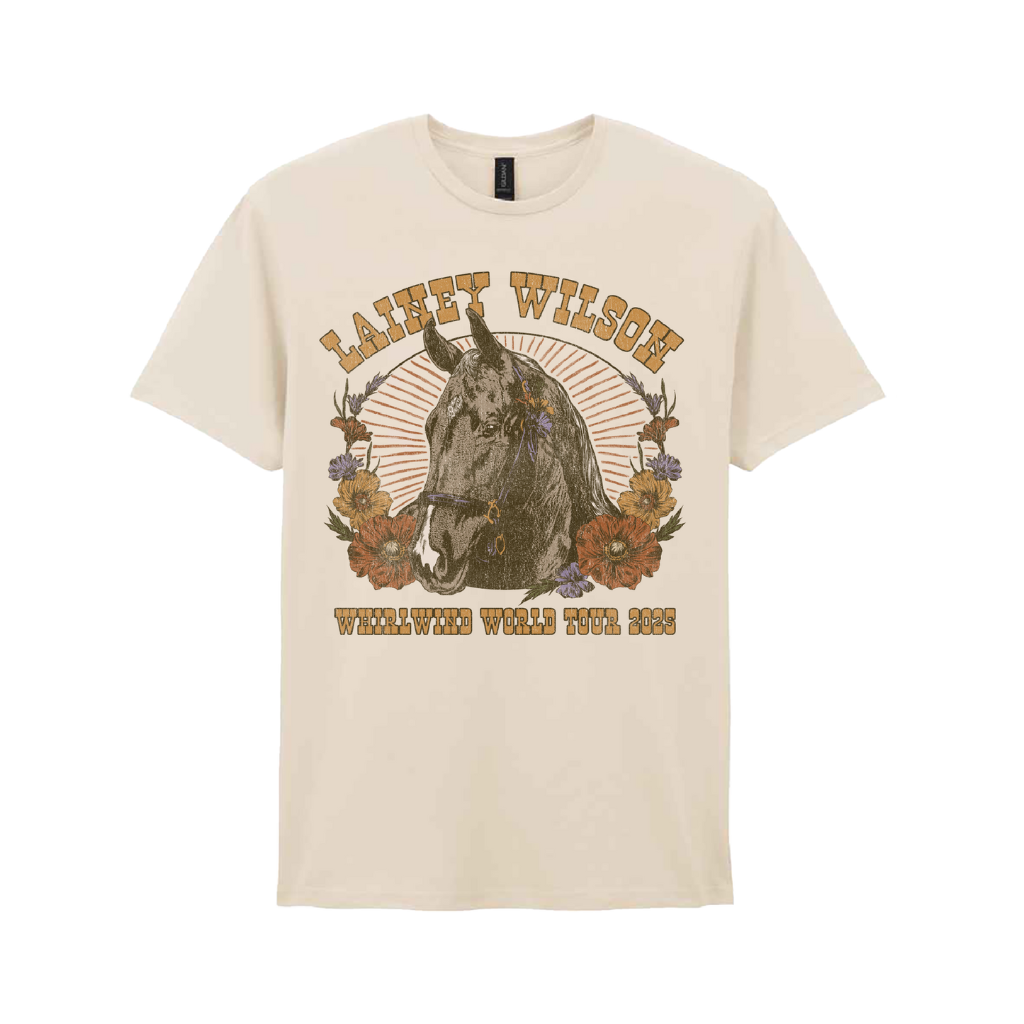 Cream-colored cotton t-shirt featuring a vintage-style graphic of a horse surrounded by flowers and the text ’lainey wilson’ above and ’whirlwind world tour 2023’’ below.